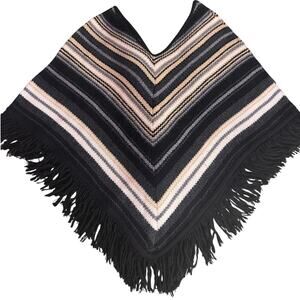 Its Our Time Womens Knit Shawl OS Small/Medium Black Tans Cream Fringed